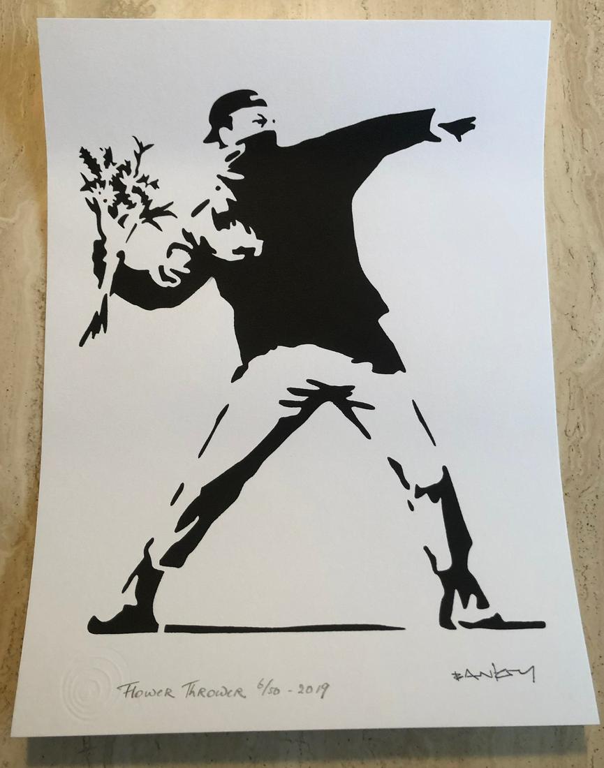 Banksy "Flower Thrower": (After) Banksy (b. 1975) “Flower Thrower – Black”; Stencil StreetArt (2019) Edition 6/50; Stencil/Spray on Arches paper 360 g; Signature imprimee (stamped.) Titled and Numbered in pencil; Measur