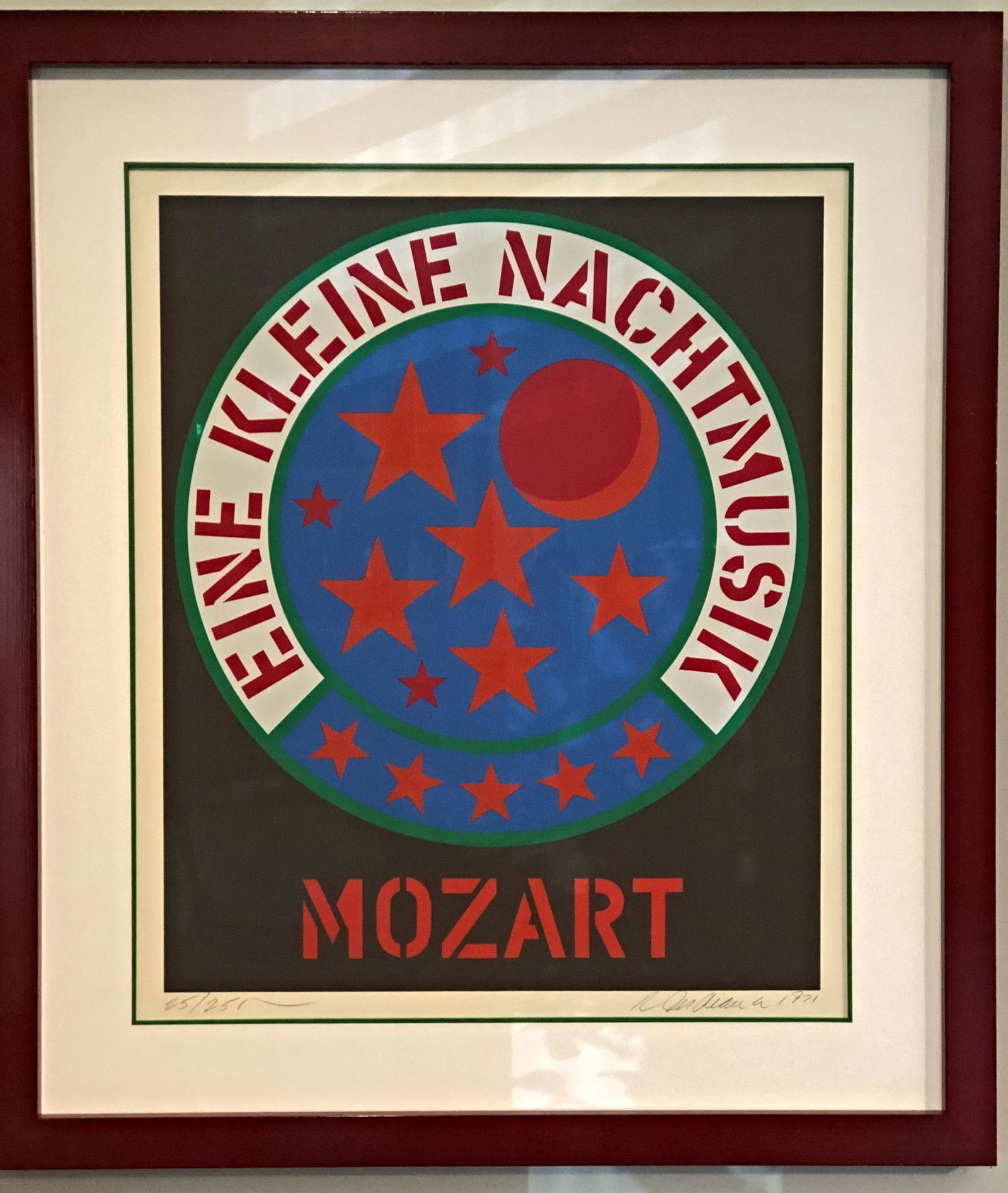 Robert Indiana - Mozart "Eine Kleine...": Robert Indiana (1928 - 2018) - "Eine Kleine Nachtmusik - Mozart." The title translates to 'A Little Night Music' and references the great Austrian composer, Wolfgang Amadeus Mozart's 1787 composition.