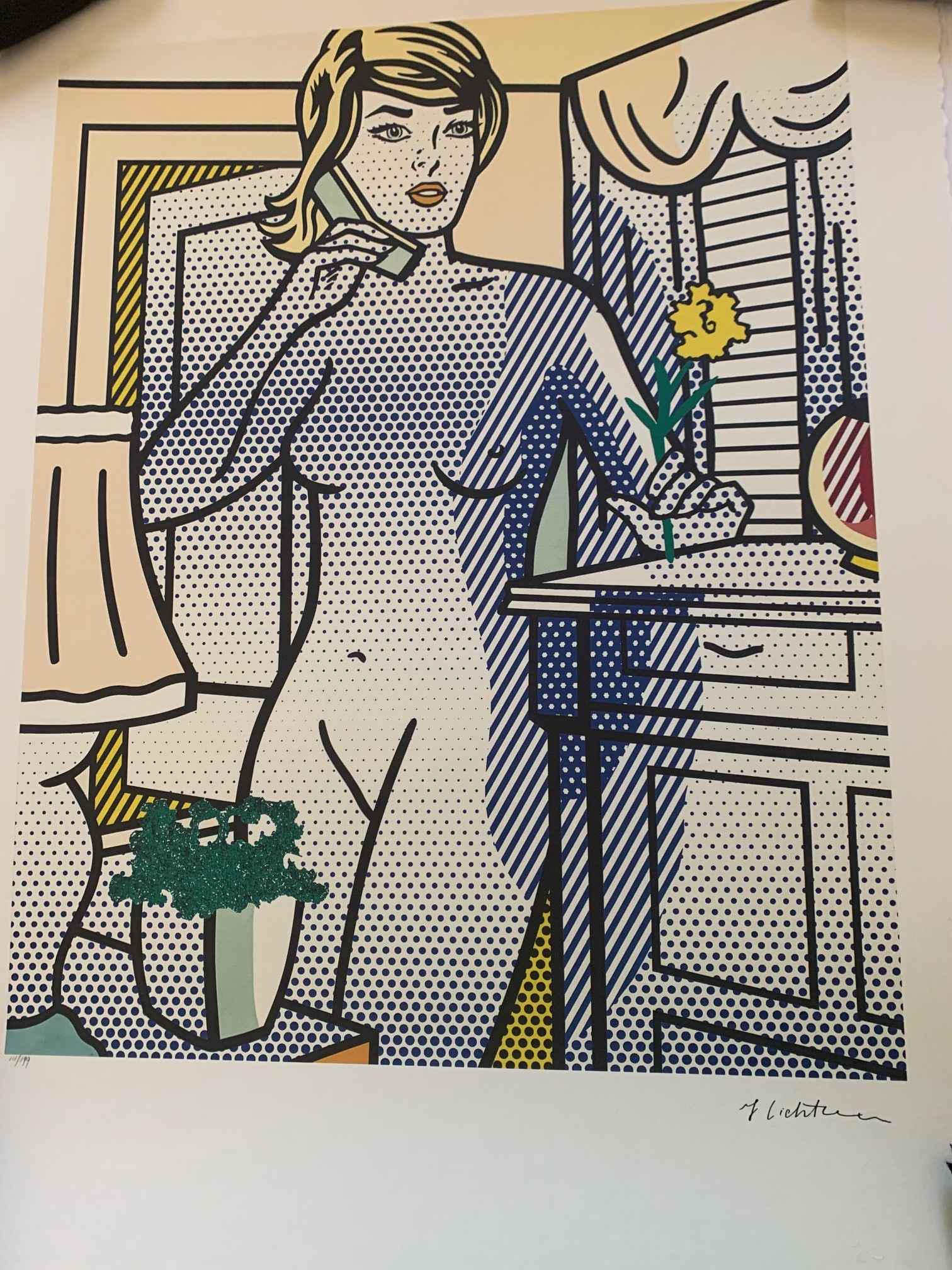 Roy Lichtenstein - Nude with Yellow Flower (Standing: (After) Roy Lichtenstein (1923 - 1997) Standing Nude Woman on Telephone is a silkscreen reproduction of Lichtenstein's 1994 pop art painting, "Nude with Yellow Flower.” The work of art is a limited