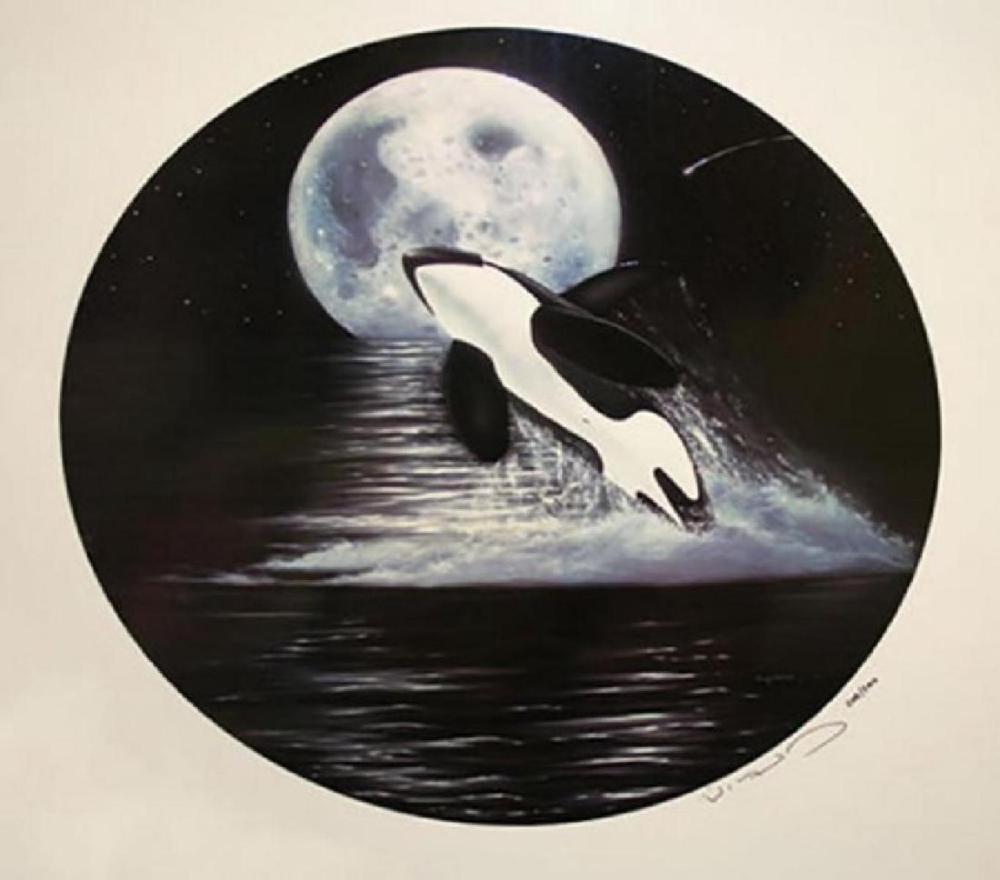 Robert Wyland - Orca Moon: Robert Wyland, commonly known as Wyland, (b. 1956, USA) - "Orca Moon" (2004) is a Hand Signed Limited Edition (of 300) Serigraph on paper. In it, the image of a solitary orca under a brilliant moon sp