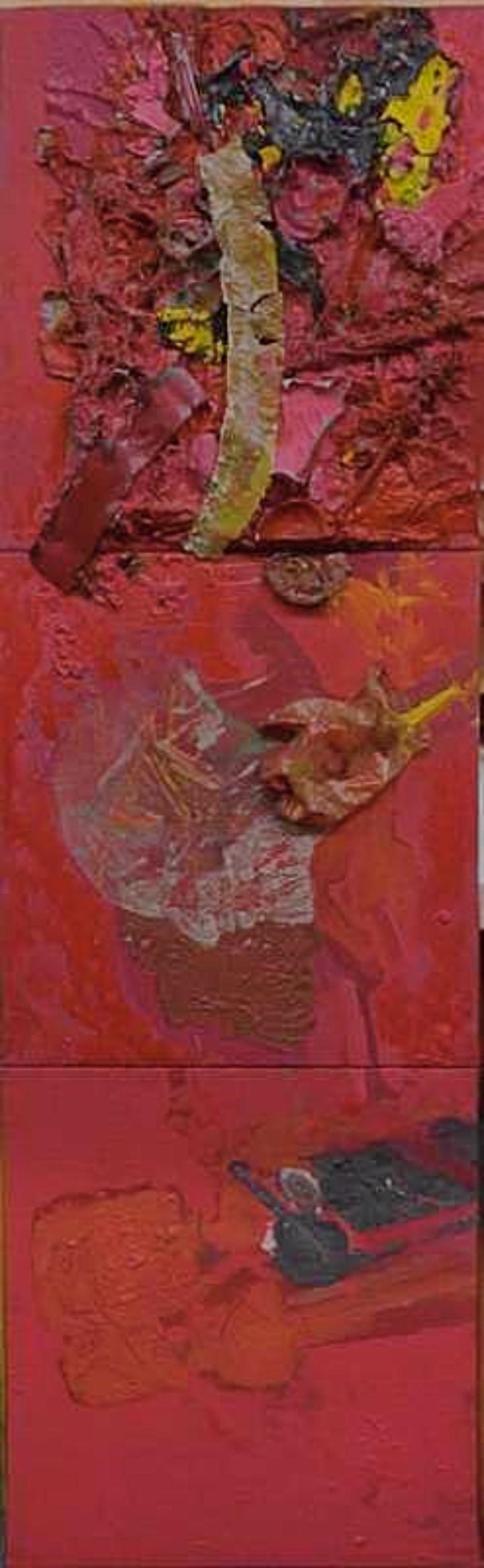 Augusto Ranocchi - Frammenti Nells Studio: Augusto Ranocchi (Italian, b.1931) - "FRAMMENTI NELLS STUDIO" (1985) This is a triptych, mixed media and acrylic painting on three adjoining canvases, signed and dated and titled on verso, by the visu