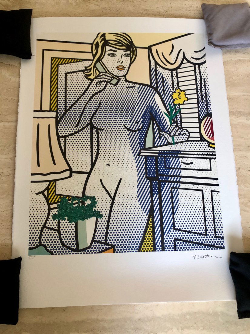 Roy Lichtenstein - Nude with Yellow Flower (Standing Nu: (After) Roy Lichtenstein (1923 - 1997) Standing Nude Woman on Telephone is a silkscreen reproduction of Lichtenstein’s 1994 pop art painting, “Nude with Yellow Flower.” The work of art is a limi