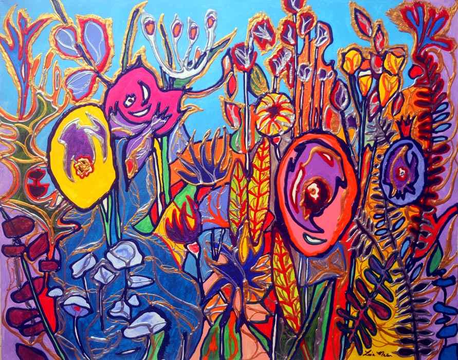 Lisa Mee - Reaching for the Sun: Lisa Mee (b.1974, American) "Reaching for the Sun" (2019-2020) is a mixed media work of original acrylic, ink and metallic paint on canvas measuring 24 x 30 inches unframed and is hand signed in the l