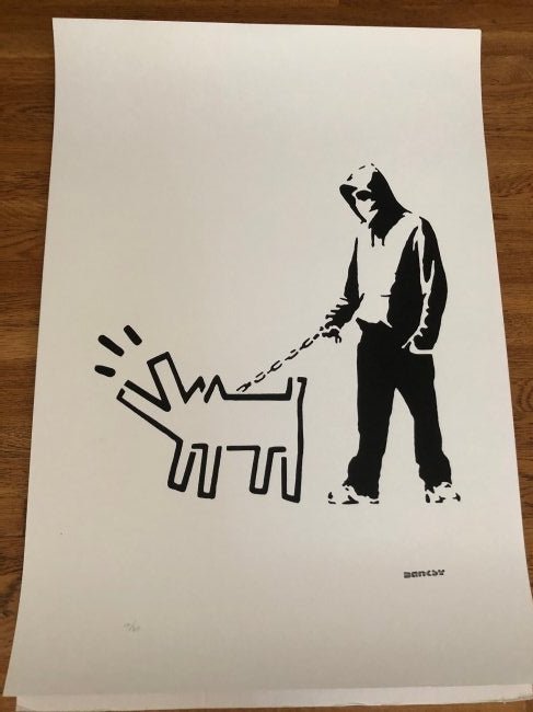 Banksy (After) - Hoodie and Keith Haring Dog: (After) Banksy (b. 1975) "Hoodie and Keith Haring Dog" (2017) Stencil Street Art; Large size Stencil/Paint. Edition 5 of 30. Signature imprimee (stamped.) Hand numbered in pencil. Dimensions: 100x70 c