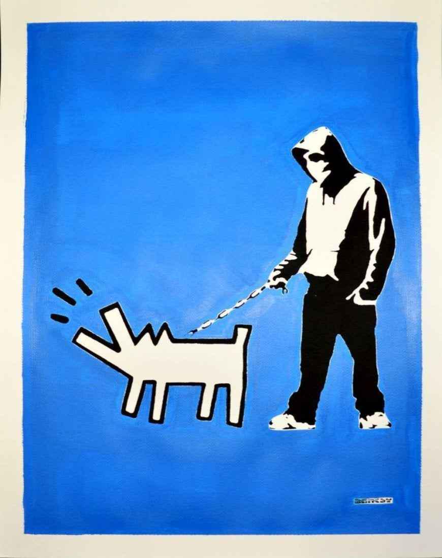 Banksy (After) - Hoodie and Haring Dog (on Blue Bkgrd): (After) Banksy (b. 1975) "Hoodie and Keith Haring Dog" on Blue Background (2018) Stencil Street Art; Large size Stencil/Paint. Edition of 30 (plus AP's.) Signature imprimee (stamped.) Hand painted blu