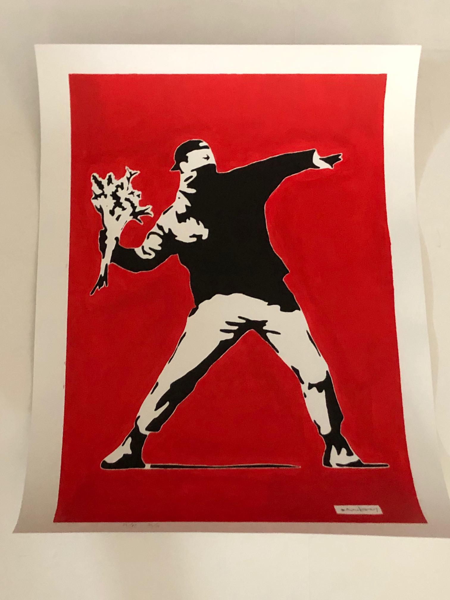 Banksy (After) - Flower Thrower Red Background II A/P: (After) Banksy (b. 1975) "Flower Thrower Red Background II A/P”; Stencil StreetArt; Edition of 10; (A/P - II/X); Stencil/Spray on Arches paper 360 g; Signature imprimee (stamped.) Numbered in pencil