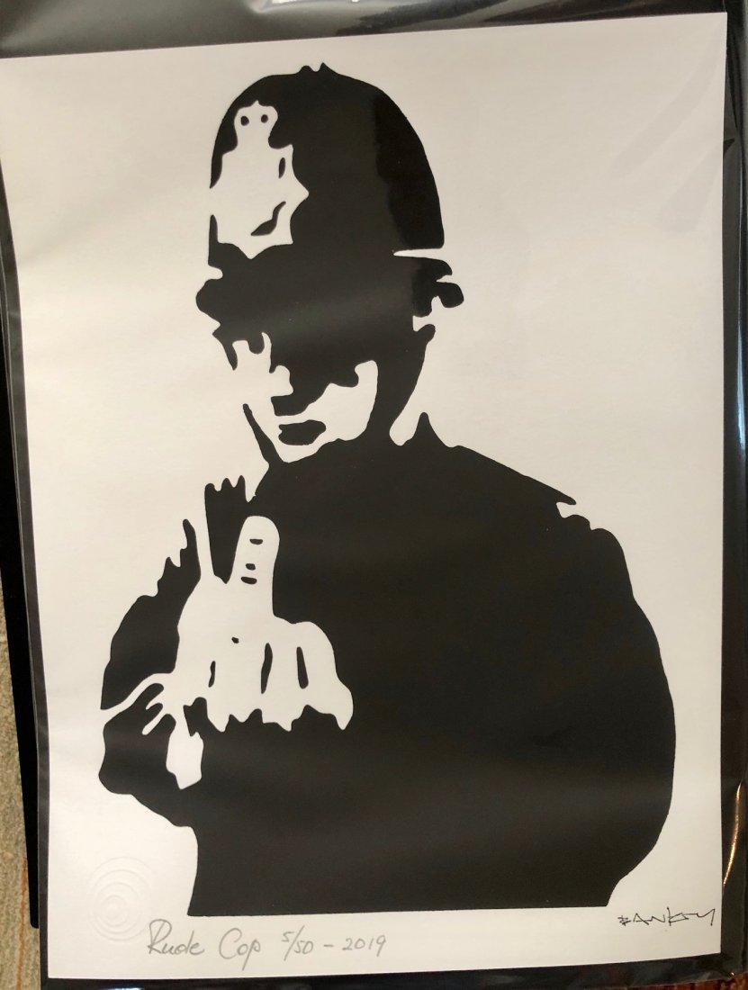 Banksy (After) - "Rude Cop": (After) Banksy (b. 1974, England) “Rude Cop” - Limited Edition (5/50) reproduction print dated 2019, inspired by Banksy’s famed spray paint stencil image created as a mural on a London street th