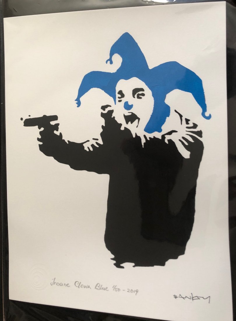 Banksy (After) - "Insane Clown Blue": (After) Banksy (b. 1974, England) “Insane Clown Blue” - Limited Edition (1/50) reproduction print inspired by a famed spray paint stencil image created in 2001 in street art style. Measures 16 x 1
