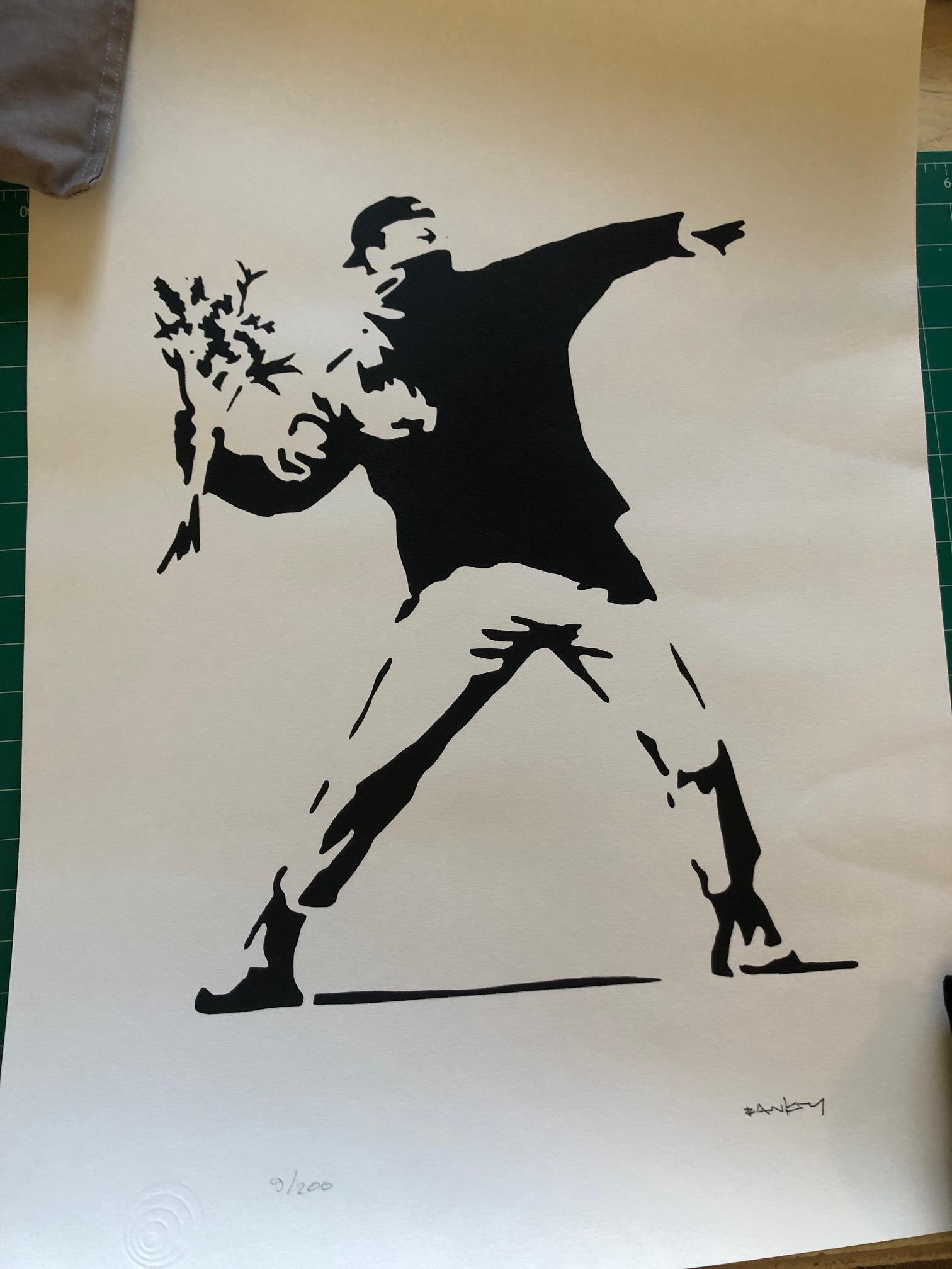 Banksy "Flower Thrower - Black": (After) Banksy (b. 1975) "Flower Thrower - Black”; Stencil StreetArt (2016) Edition of 200; Stencil/Spray on Arches paper 360 g; Signature imprimee (stamped.) Numbered in pencil; Measures 39.5 x 27.