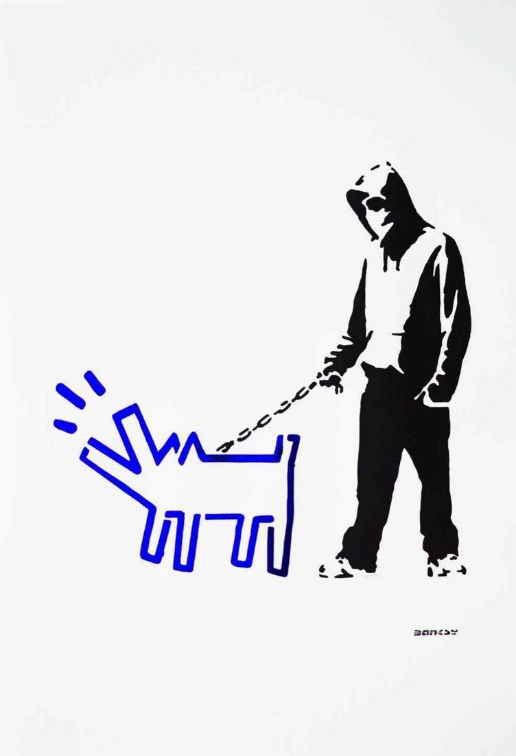 Banksy (After) - "Hoodie and Keith Haring Dog" (Blue): (After) Banksy (b. 1975) "Hoodie and Keith Haring Dog (blue)" Stencil Street Art; Large size Stencil/Paint. Edition of 30. Signature imprimee (stamped.) Hand numbered in pencil. Dimensions: 100x70 cm.