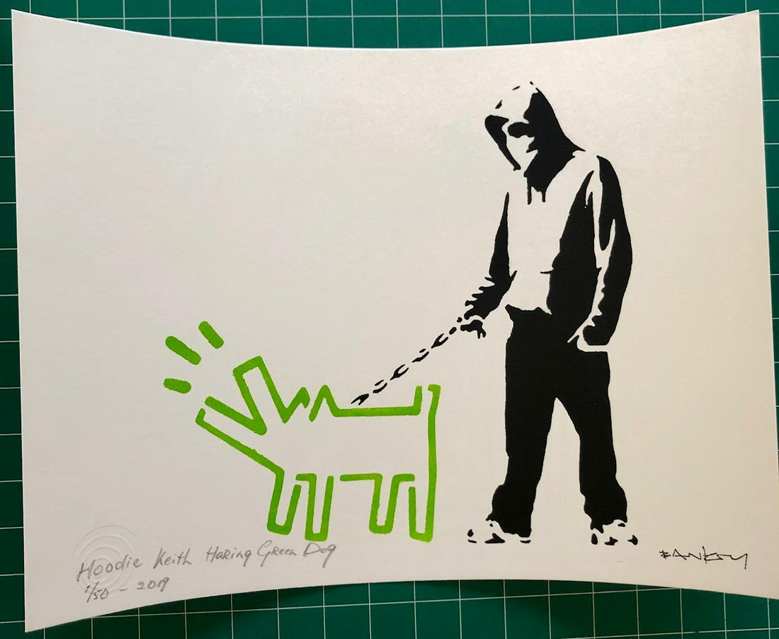 Banksy (After) - "Hoodie and Keith Haring Green Dog": (After) Banksy (b. 1975) "Hoodie and Keith Haring Dog (Green)"(2019) Reproduction, Stencil Street Art; Stencil/Paint. Edition 1 of 50. Signature imprimee (stamped.) Hand titled, numbered and dated in