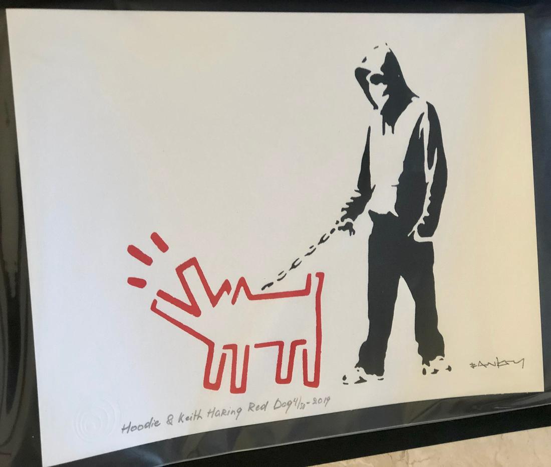 Banksy (After) - "Hoodie and Keith Haring Red Dog": (After) Banksy (b. 1975) "Hoodie and Keith Haring Red Dog" (2019) Stencil Street Art; Stencil/Paint. Edition 4 of 50. Signature imprimee (stamped.) Hand numbered and titled in pencil. Comes with Signe