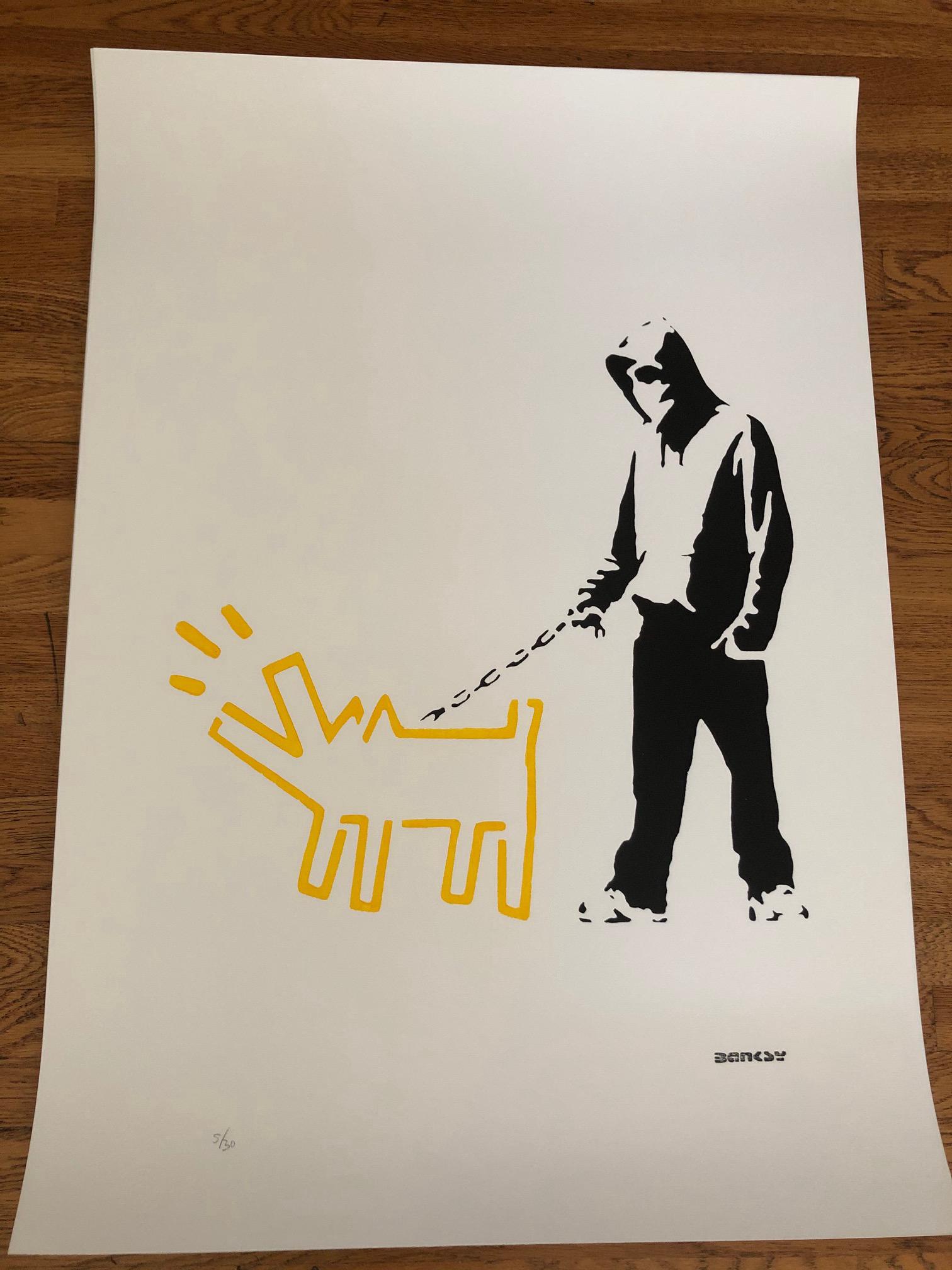Banksy (After) - "Hoodie and Keith Haring Yellow Dog": (After) Banksy (b. 1975) "Hoodie and Keith Haring Dog (Yellow)"(2017) is a reproduction, Stencil Street Art; Large size Stencil/Paint. Edition 5 of 30. Signature imprimee (stamped.) Hand numbered in p