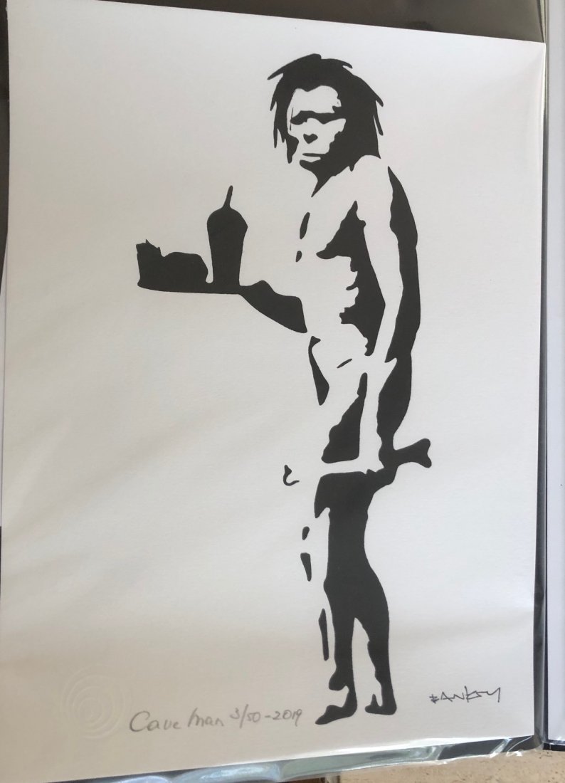 Banksy (After) - Cave Man: (After) Banksy (b. 1974, England) "Cave Man” (2019) - Limited Edition (3/50) reproduction print inspired by a famed spray paint stencil image created by the artist on a wall next to two windows in L