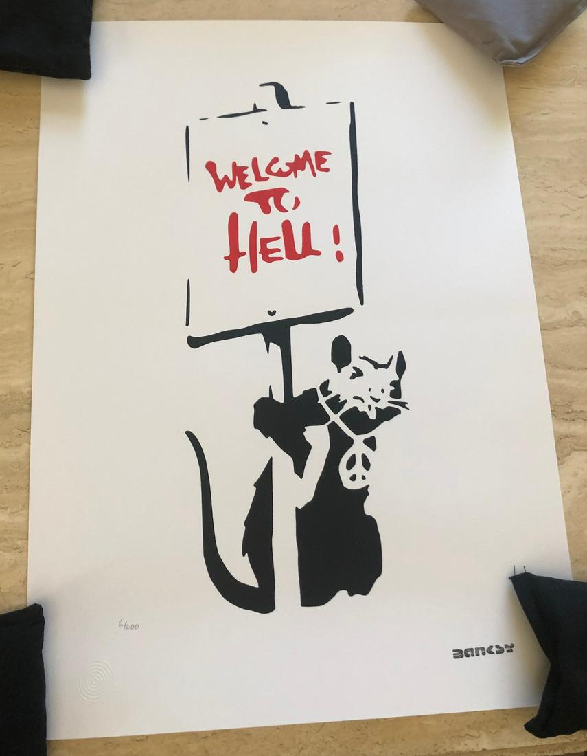 Banksy (After) - "Welcome to Red Hell": (After) Banksy (b. 1973 -1975, England) "Welcome to Red Hell" (Rat with Placard) (2016) Stencil Street Art. Reproduction in a Limited Edition of 200. Signature imprimee (stamped.) Hand numbered (of/20