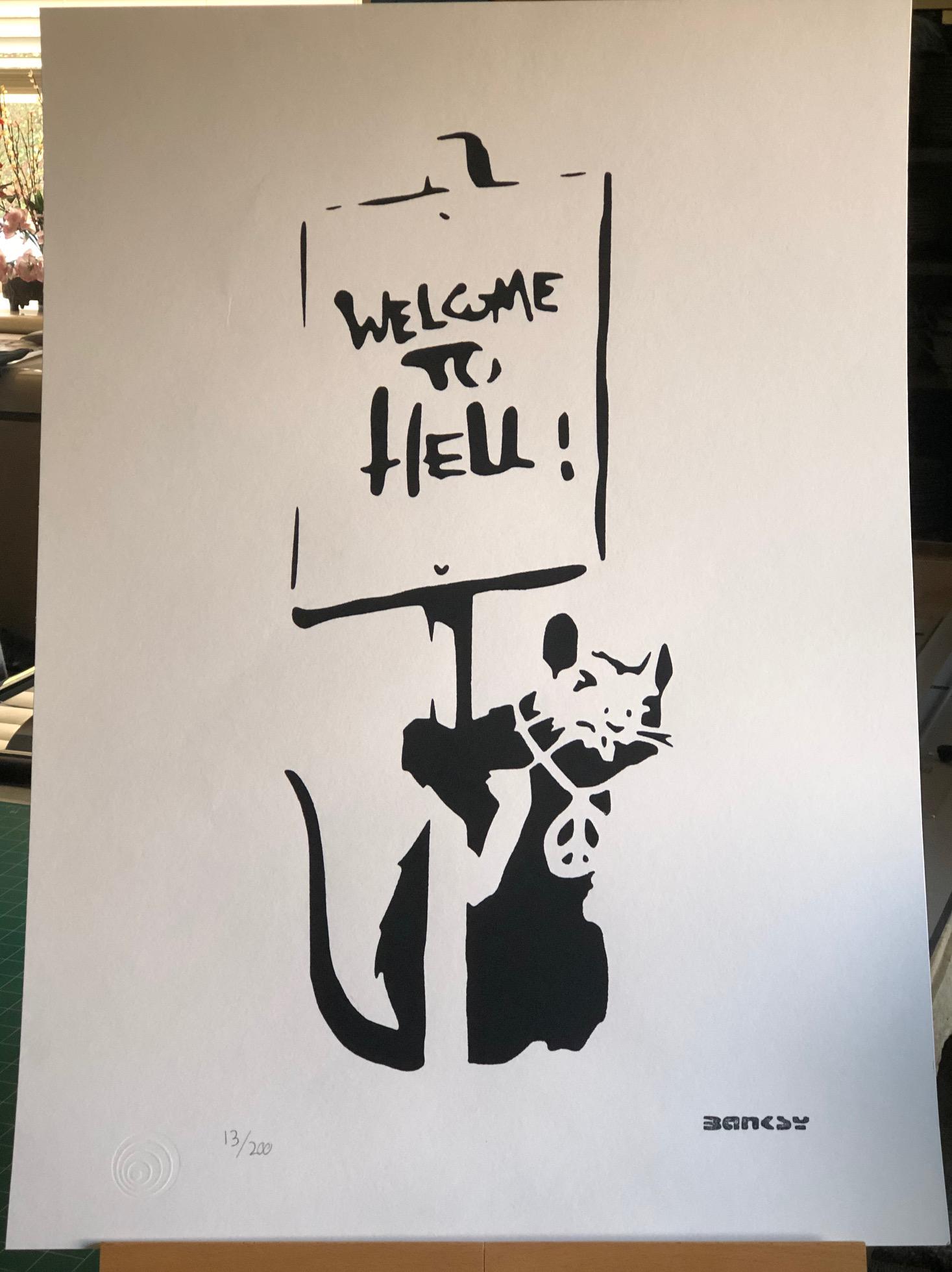Banksy (After) - Welcome to Hell: (After) Banksy (b. 1975) "Welcome to Hell" (Rat with Placard) (2016) Stencil Street Art. Edition of/200. Signature imprimee (stamped.) Hand numbered in pencil. Dimensions: 28 x 20 inches; Medium: Arch