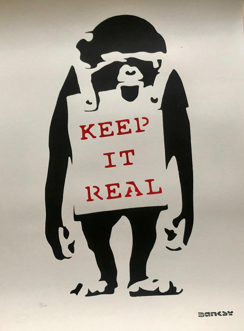 Banksy - Keep It Real (Red): (After) Banksy (b. 1974, England) "Keep it Real (Red)” (2016) - Limited Edition (12/200) reproduction print inspired by the famed spray paint stencil images created by the artist that have appeared 