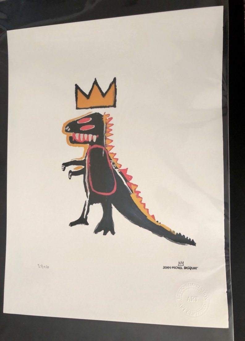 Jean-Michel Basquiat - Pez Dispenser Dinosaur: (After) Jean-Michel Basquiat (1960-1988) "Pez Dispenser - Dinosaur” - This reproduction is a limited edition (of/150) lithograph with the printed signature/moniker of Basquiat. It is based on the st