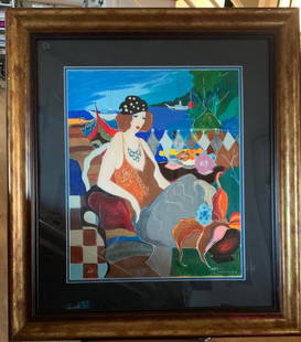 Itzchak Tarkay - Normandie Cafe aka Lady by the Sea: Itzchak Tarkay (1935-2012, Austrian-Israeli) “Normandie Café” aka “Lady by the Seaside” (2005) Limited-edition color screen print/serigraph on heavy paper. This piece is designated Artist’s