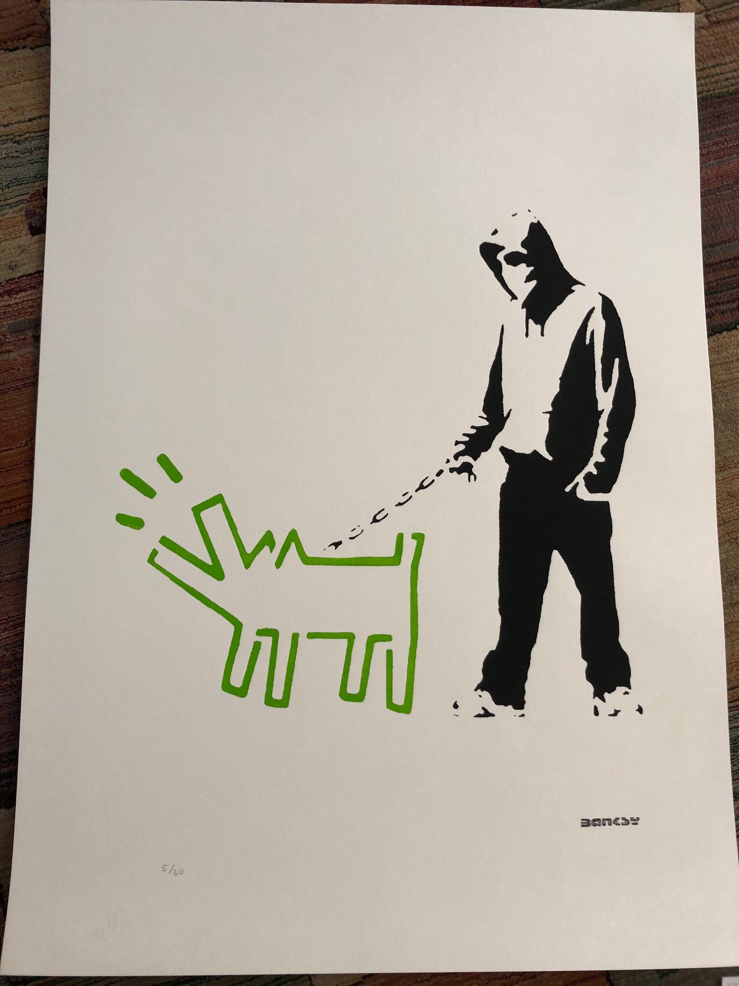 Banksy (After) - "Hoodie and Keith Haring Green Dog": (After) Banksy (b. 1975) "Hoodie and Keith Haring Dog (Green)"(2017) Reproduction, Stencil Street Art; Large size Stencil/Paint. Edition 5 of 30. Signature imprimee (stamped.) Hand numbered in pencil.