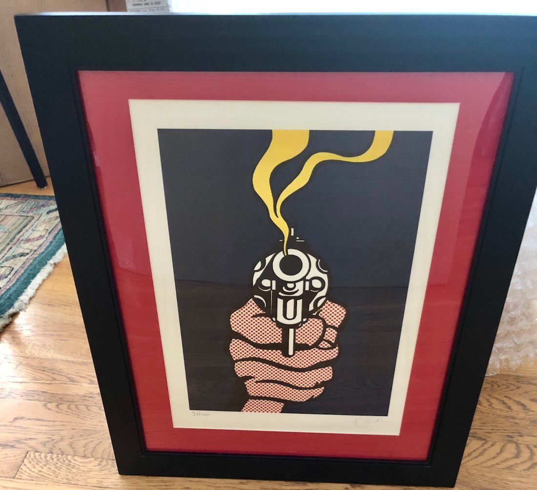 Roy Lichtenstein - Smoking Gun: Roy Lichtenstein (1923 – 1997, USA) “Smoking Gun” is a limited edition color screen print reproduction of Lichtenstein’s 1968 work known as “The Gun in America” that was featured on the co