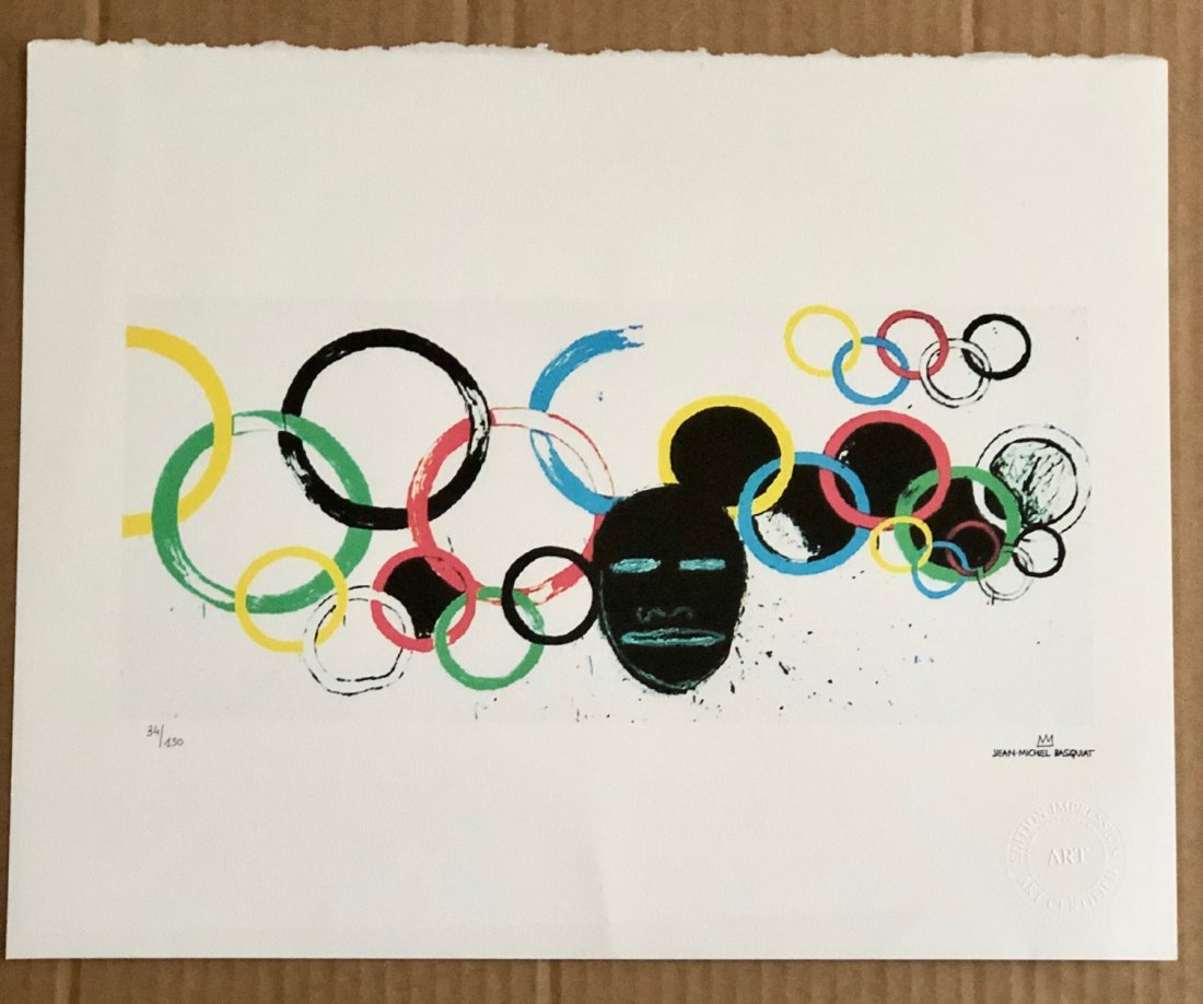 Jean-Michel Basquiat (After) - Olympic Rings: (After) Jean-Michel Basquiat (1960–1988) and Andy Warhol (1928–1987) “Olympic Rings” is a limited edition (150) lithograph with a printed signature and moniker of Basquiat. It measures approxi