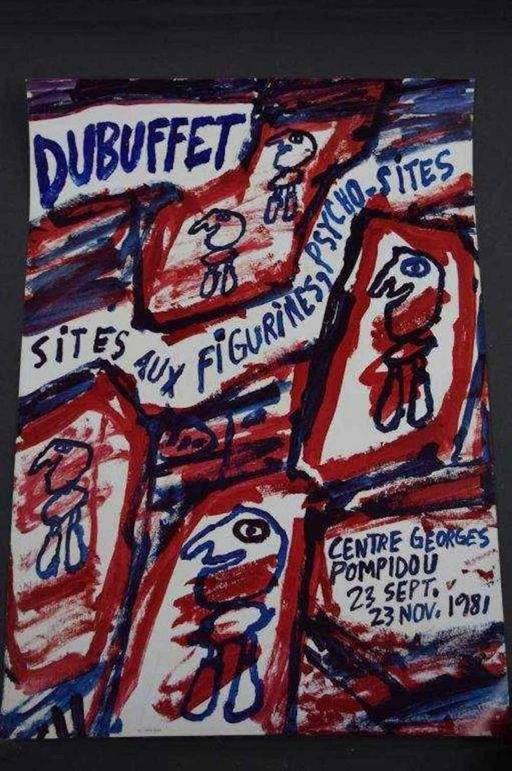 Dubuffet - Exhibition Poster-Georges Pompidou: JEAN DUBUFFET (1901-1985, France) "Centre Georges Pompidou Poster" created for an exhibit held 23 Sept. - 23 Nov. 1981. It measures 28" x 20" and the text reads, “Sites aux Figurines, Psycho Sites��