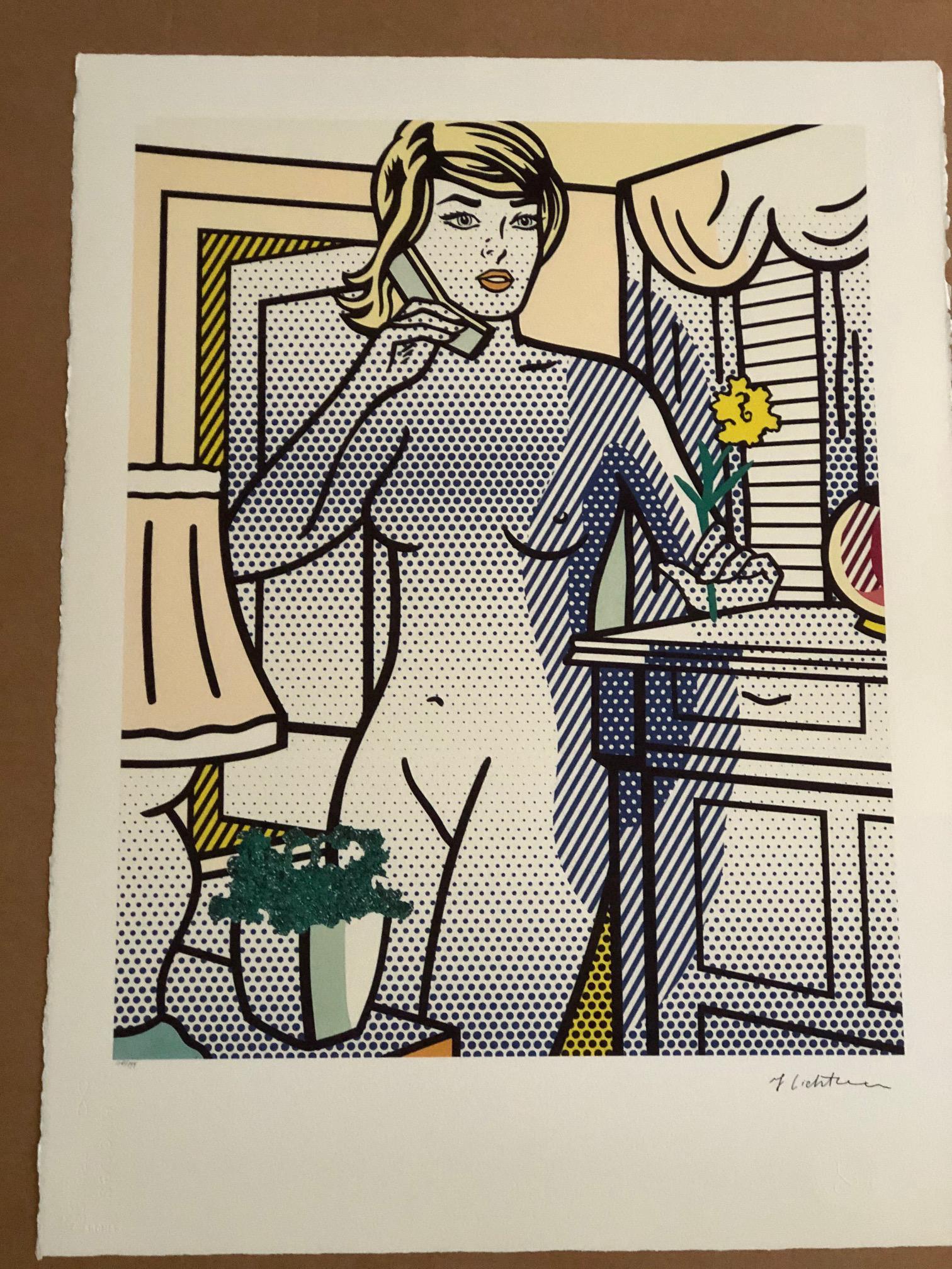Roy Lichtenstein - Nude with Yellow Flower (Standing Nu: (After) Roy Lichtenstein (1923 - 1997) Standing Nude Woman on Telephone is a silkscreen reproduction of Lichtenstein’s 1994 pop art painting, “Nude with Yellow Flower.” The work of art is a limi