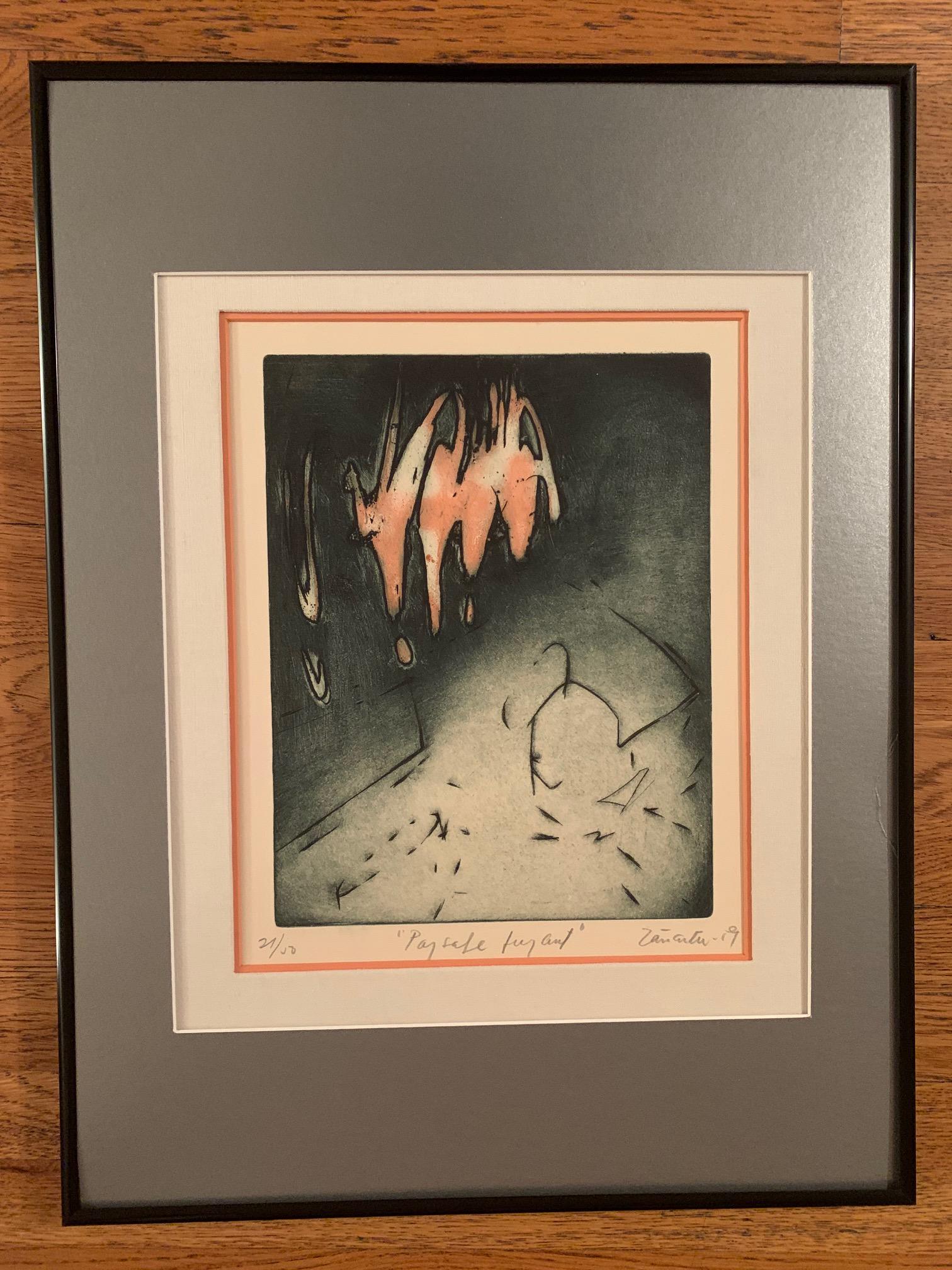Enrique Zanartu - Paysage Fuyant: Enrique Zanartu (1921 – 2000, French/Chilean) “Paysage Fuyant” (Fleeing Landscape-1959) Limited edition color etching and aquatint, numbered 21/50 in the lower left margin, titled in the lower c