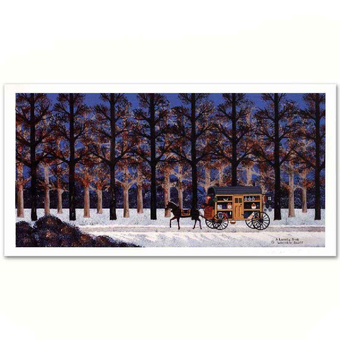Jane Wooster Scott - A Lonely Trek: Jane Wooster Scott (1918 - 2011) “A Lonely Trek” is a limited edition lithograph on paper, numbered (123/1225) and hand signed by the artist. It measures approximately 21" x 11" (with border), and