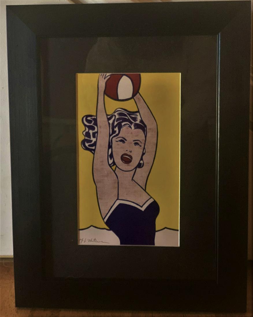 Roy Lichtenstein (After) - Girl with Ball: (After) Roy Lichtenstein (1923 – 1997, American) “Girl with Ball” – Hand signed, matted and framed page from an art book. The image itself measures 11 x 6.5 inches and with wide black matting