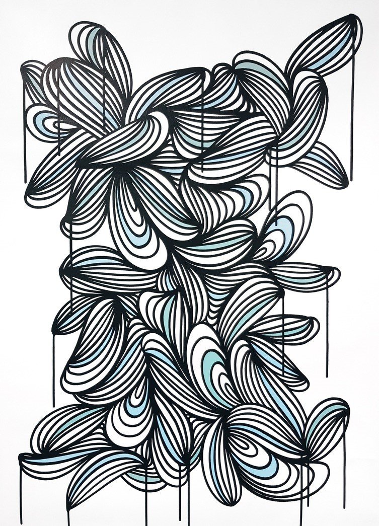 Kef! - Long Way to Calmness #2: KEF! (given name: Simon Rohlen; b. 1989, Germany) “Long Way to Calmness #2” (2021) is an original acrylic painting on canvas. It is framed, signed by the artist on the verso, and measures 39 x 28