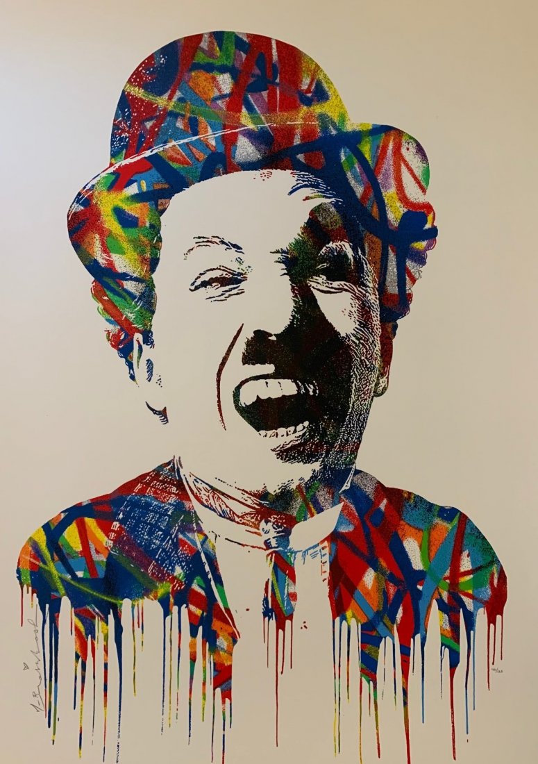 Mr. Brainwash - Charlie (Chaplin): Mr. Brainwash aka MBW (nee Thierry Guetta, b. 1966, France) “Charlie” (2015) Limited edition 10-color silkscreen on hand torn archival art paper. Hand-signed and numbered (46/125) in pencil by the