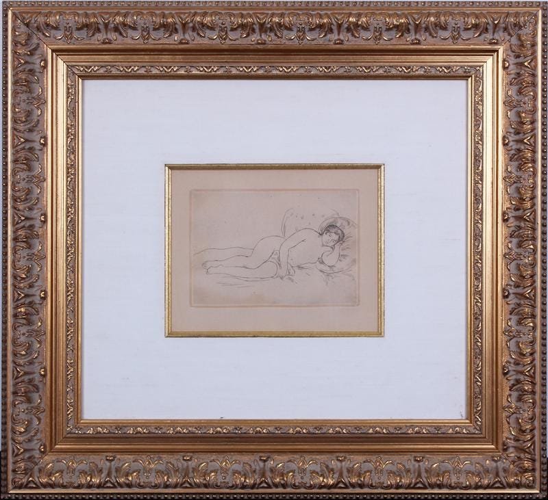 Pierre Auguste Renoir - Femme Nue Couchee: (After) Pierre-Auguste Renoir (1841 – 1919, French) “Femme Nue Couchee (Tourné à Droite)” [Naked Woman Lying (Turned to the Right)] Date of Original is 1906. 2nd plate. Etching on cream color 