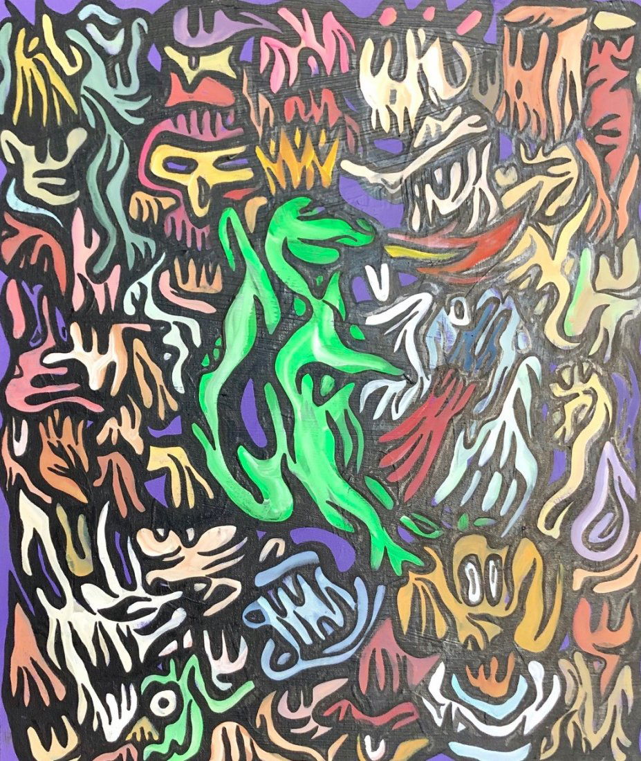 Fabien Verschaere - Dragon Story: Fabien Verschaere (b. 1975, France) “Dragon Story” (2018) is an acrylic painting on canvas measuring 21.5 x 18 inches that is hand signed by the artist. Drawing on the images, mythology, and pop c