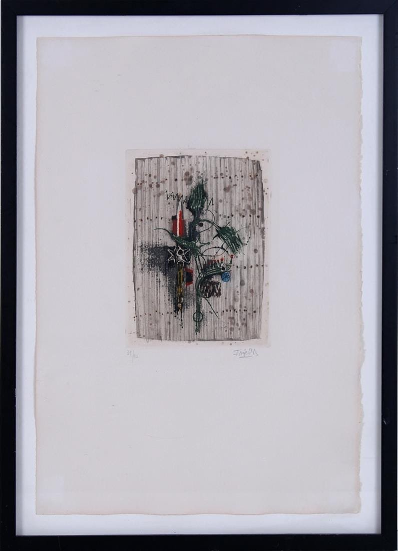 Johnny Friedlaener - Untitled: Johnny Friedlaender (1912-1992, German/French) UNTITLED â€“ Hand Signed, Limited Edition, color etching. The work of art is signed in pencil in the lower right and numbered 39/95 in the lower lef