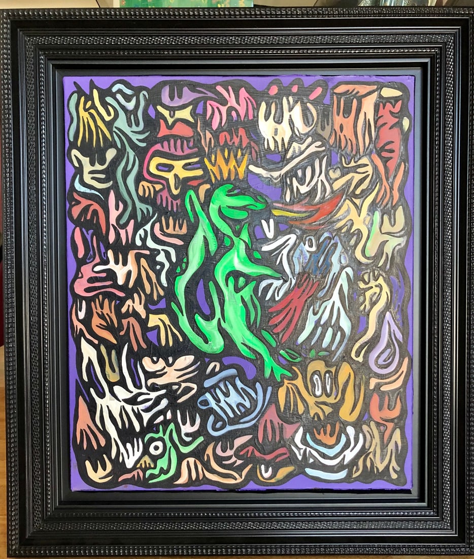 Fabien Verschaere - Dragon Story: Fabien Verschaere (b. 1975, France) “Dragon Story” (2018) is an acrylic painting on canvas measuring 21.5 x 18 inches that is hand signed by the artist. Drawing on the images, mythology, and p