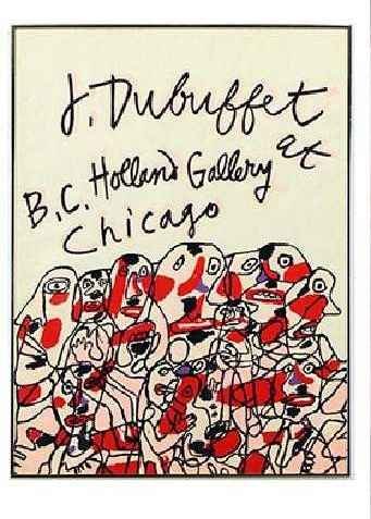 Dubuffet - Holland Gallery Poster: Jean Dubuffet (French, 1901–1985) Rare Color Silk Screen Exhibition Poster titled, "J. Dubuffet at B.C. Holland Gallery Chicago" measures 22.5" x 30.5" (image) and 23" x 31" (behind glass in a metal