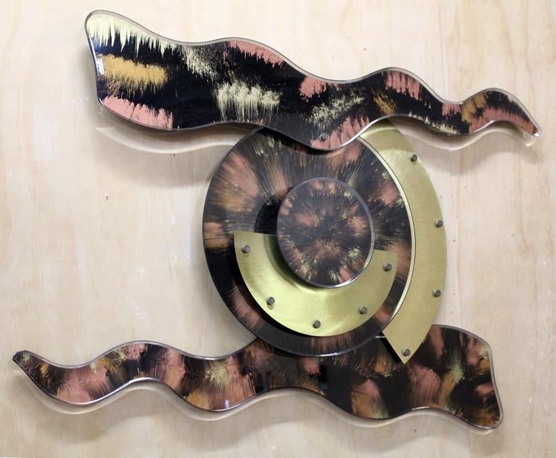 Shomi Haziza - Circle Wave: Shlomi Haziza (b. 1969, Israel) ?Circle Wave? ? Color Lucite/acrylic and brushed metal abstract wall art sculpture measures 28 x 40 x 4.5 inches. This unique work is marked with the artist?s label and