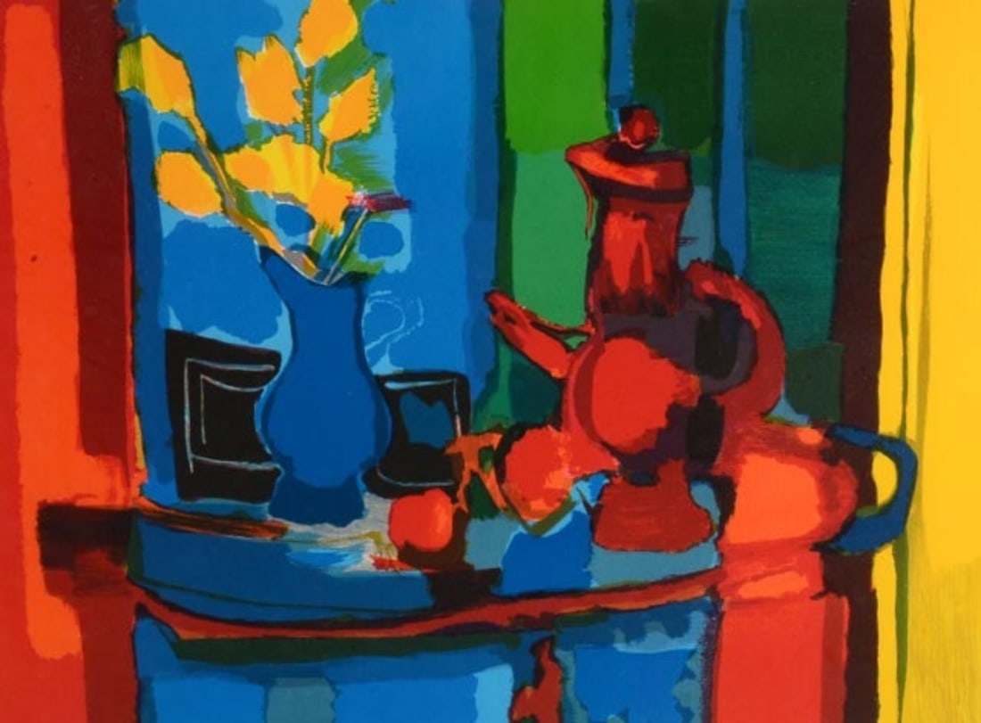 Marcel Mouly - Cafetiere Rouge (Red Coffee Maker): Marcel Mouly (French, 1918-2008) “La Cafetiere Rouge” (The Red Coffee Maker) An original color lithograph, hand signed in the lower right margin and numbered (48/150) by the artist in pencil i