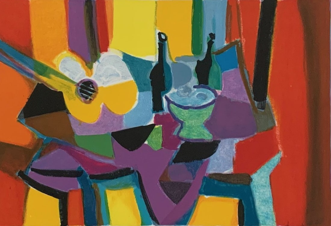 Marcel Mouly - Still Life - Yellow & White Guitar: Marcel Mouly (1918 – 2008, French) “Guitar Jaune et Blanche” (Still Life with Yellow and White Guitar) Limited edition lithograph, hand signed in pencil in the lower right margin and numbere