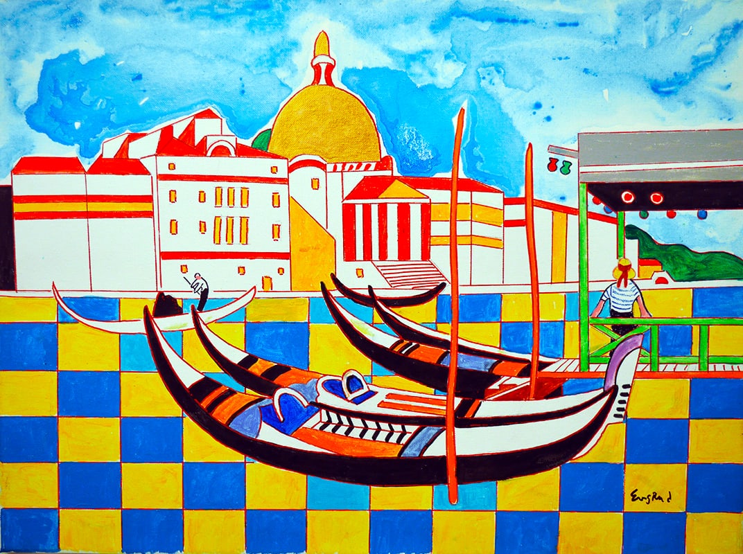 Wayne Ensrud - Gondolas in Venice: Wayne Ensrud (b. 1934, USA) “Gondolas in Venice” (2021) is an 18 x 24-inch acrylic painting on canvas signed in the lower right by the artist. This vividly colored land and seascape work depic