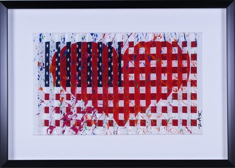 E.M Zax - American Flag: E.M. Zax, “American Flag Heart" is an original, hand-painted, mixed media on paper, three-dimensional polymorph by the contemporary/graffiti/street/urban artist from Los Angeles, California. The wor