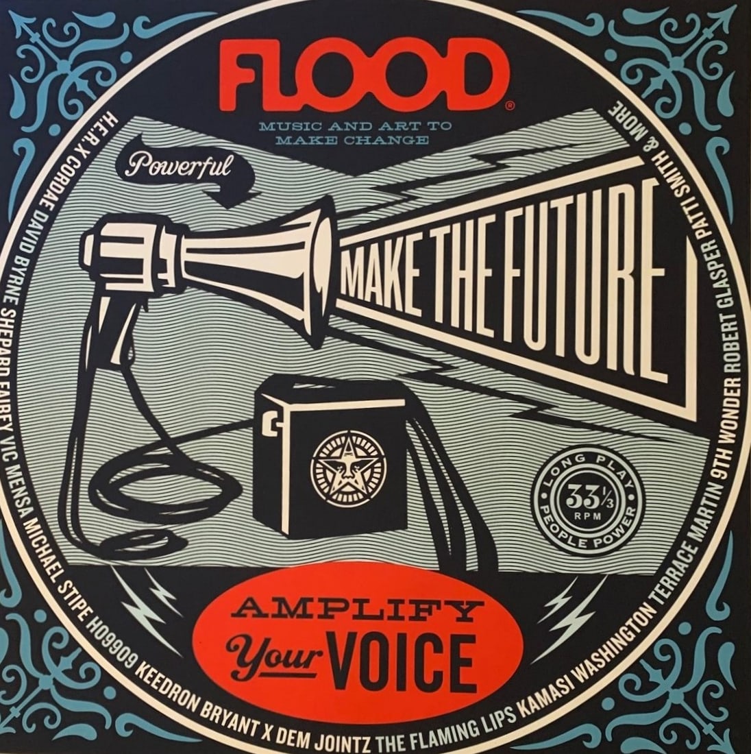 Shepard Fairey - Flood - Save Our Stages: Screen print on cream Speckletone paper. 24 x 24 inches. Signed by Shepard Fairey (American, b. 1970) Numbered edition (53/300) of 300. Artwork featured on the cover of FLOOD 11: The Action Issue.