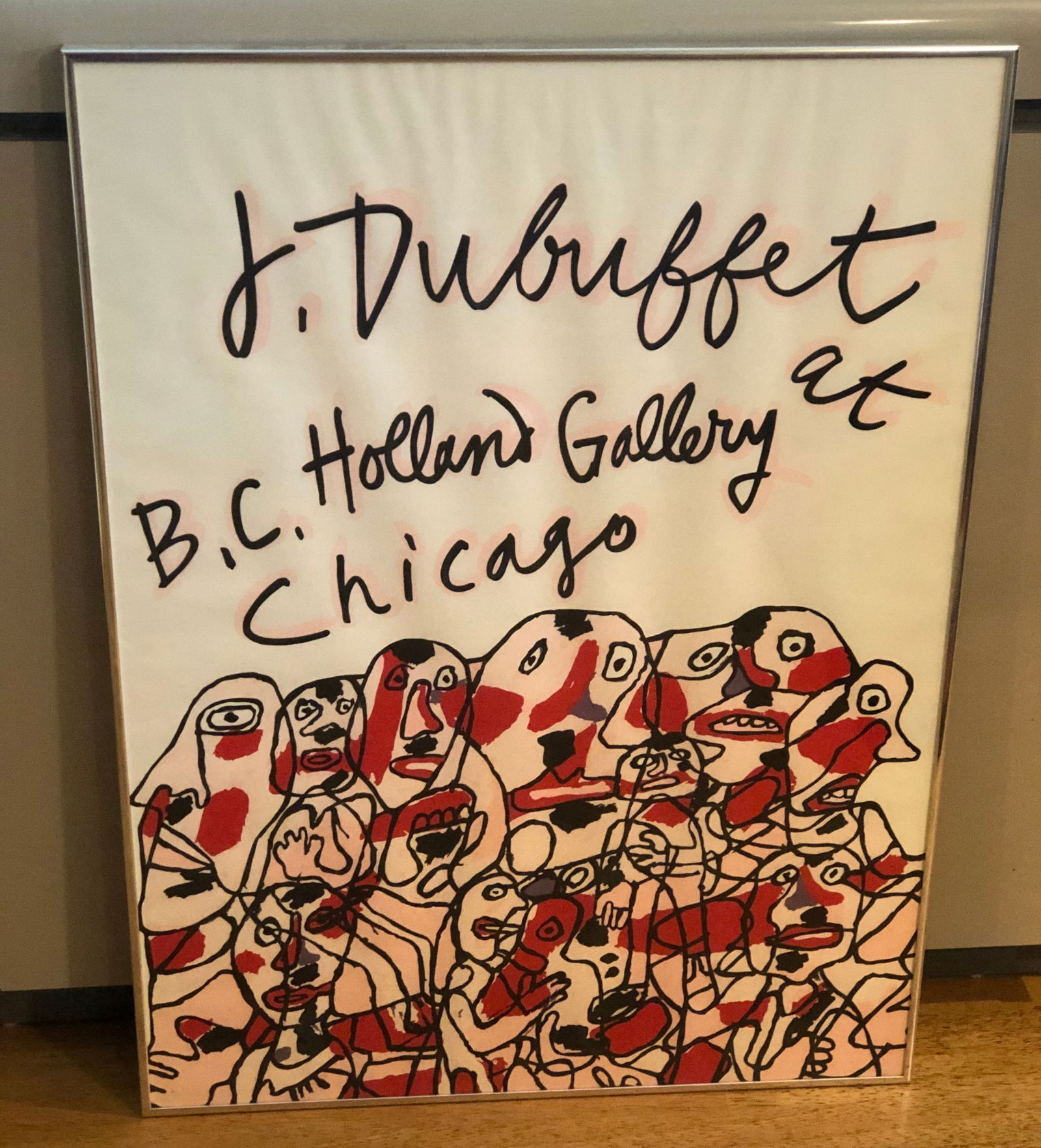 Dubuffet - Holland Gallery Poster: Jean Dubuffet (French, 1901–1985) Rare Color Silk Screen Exhibition Poster titled, "J. Dubuffet at B.C. Holland Gallery Chicago" measures 22.5" x 30.5" (image) and 23" x 31" (behind glass in a metal