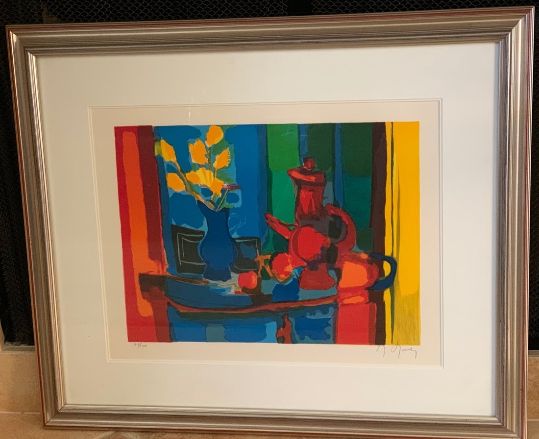Marcel Mouly - Cafetiere Rouge (Red Coffee Maker): Marcel Mouly (French, 1918-2008) “La Cafetiere Rouge” (The Red Coffee Maker) An original color lithograph, hand signed in the lower right margin and numbered (48/150) by the artist in pencil i