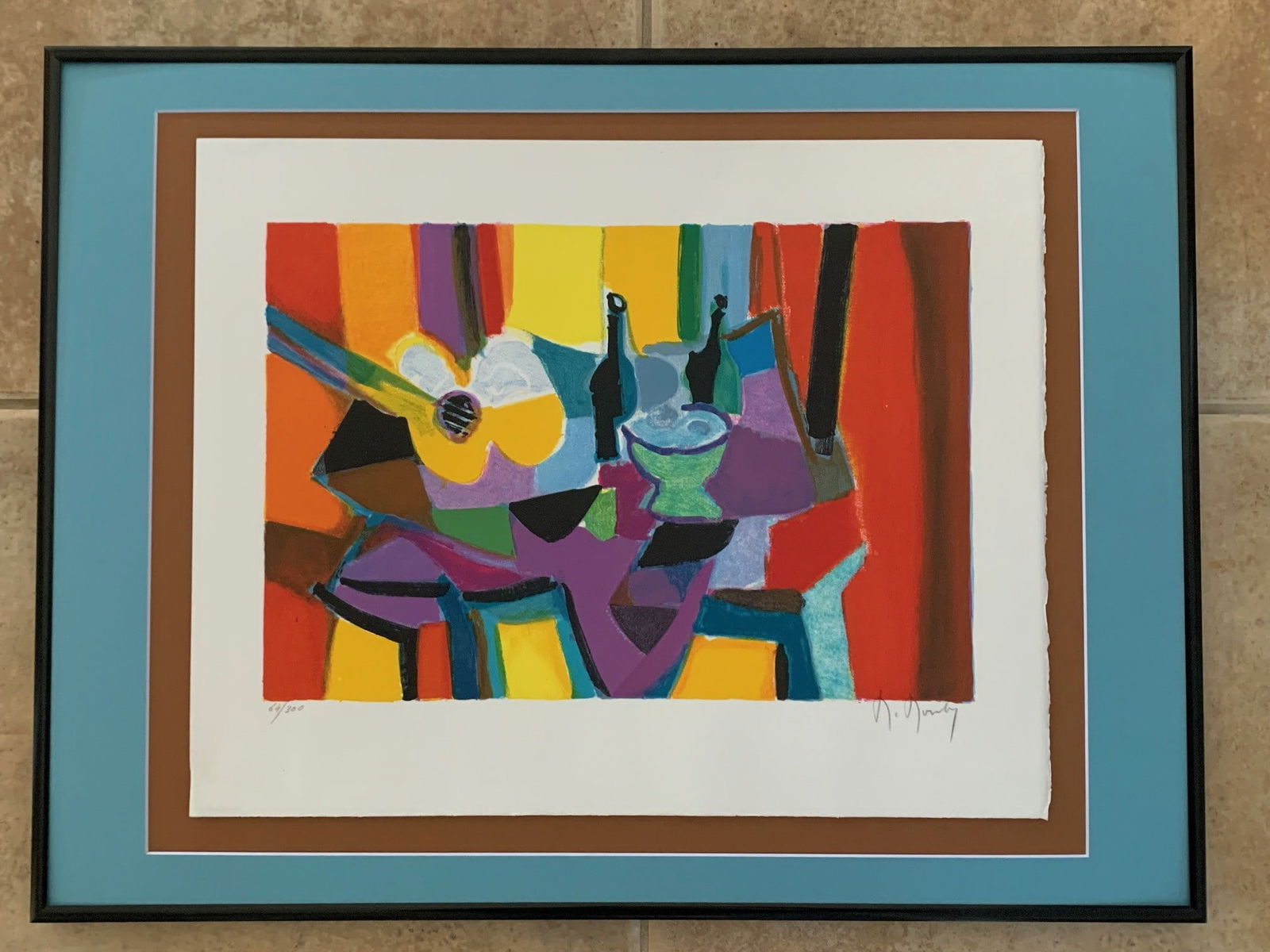 Marcel Mouly - Still Life - Yellow & White Guitar: Marcel Mouly (1918 – 2008, French) “Guitar Jaune et Blanche” (Still Life with Yellow and White Guitar) Limited edition lithograph, hand signed in pencil in the lower right margin and numbere