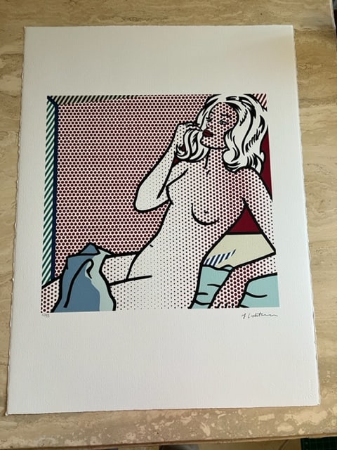(After) Roy Lichtenstein Nude Sunbathing: (After) Roy Lichtenstein (1923 – 1997, American), “Nude Sunbathing” is a limited-edition silkscreen reproduction, hand-numbered 16/199 with Signature Imprimee. The sheet measures 76 x 51 cm