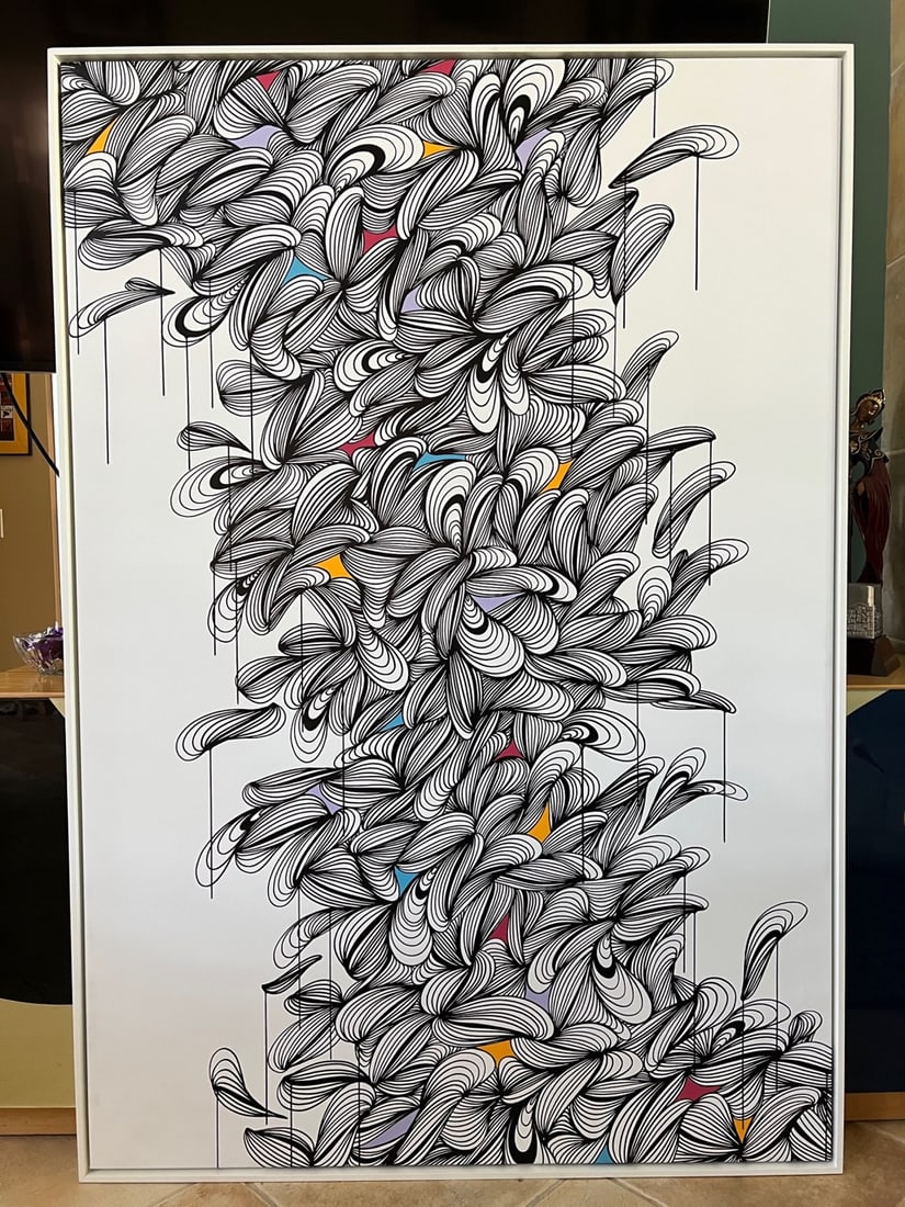 Simon Röhlen KEF! - The Light in Dark #14: Acrylic and ink painting on canvas, custom-framed, 65 x 45 inches. Simon Röhlen KEF! (b. 1989, Germany) is an abstract graffiti/street/urban artist and designer. He approaches art as a spiritual prac