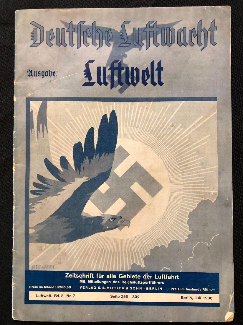 Deutsche Luftwacht July 1936 Issue: Deutsche Luftwacht July 1936 Issue. Heavily illustrated German general aviation publication of the Nazi period. Ads from companies like Focke-Wulf, Lufthansa, Siemens, NSU, Bosch, Zeiss, Dunlap, Conti